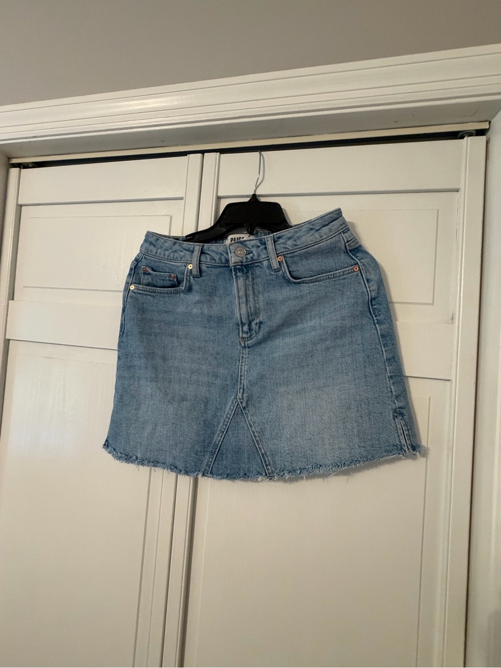 PAIGE Light Blue Denim Mini Skirt with Frayed Hem